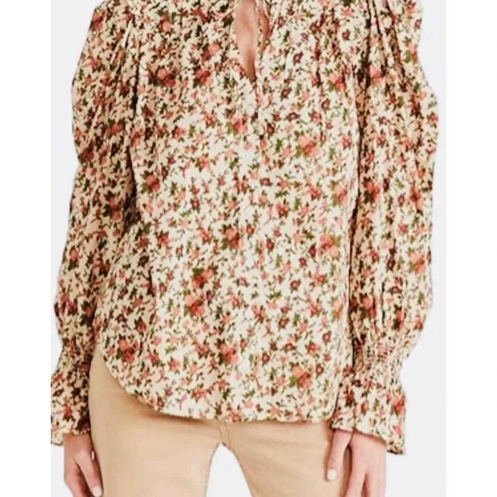 Free‎ People Floral Blouse with Tie Neck Long Sleeve Smocked  Ruffle Cuffs XS